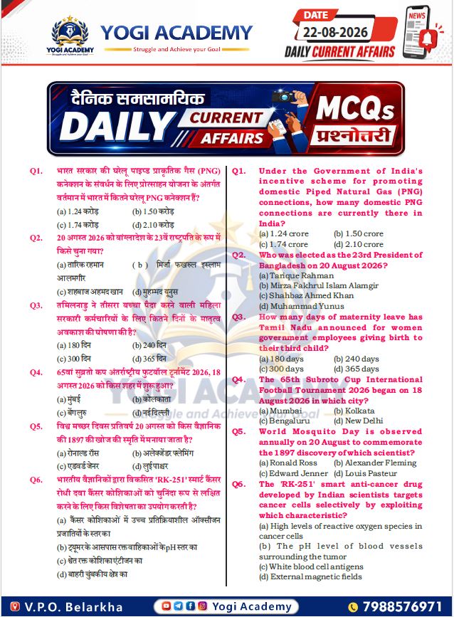 Current Affairs 22 August 2026 UPSC SSC HSSC