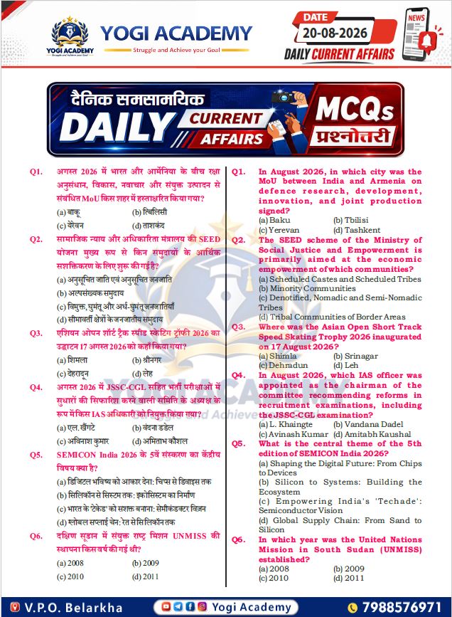 Current Affairs 20 August 2026 UPSC SSC HSSC